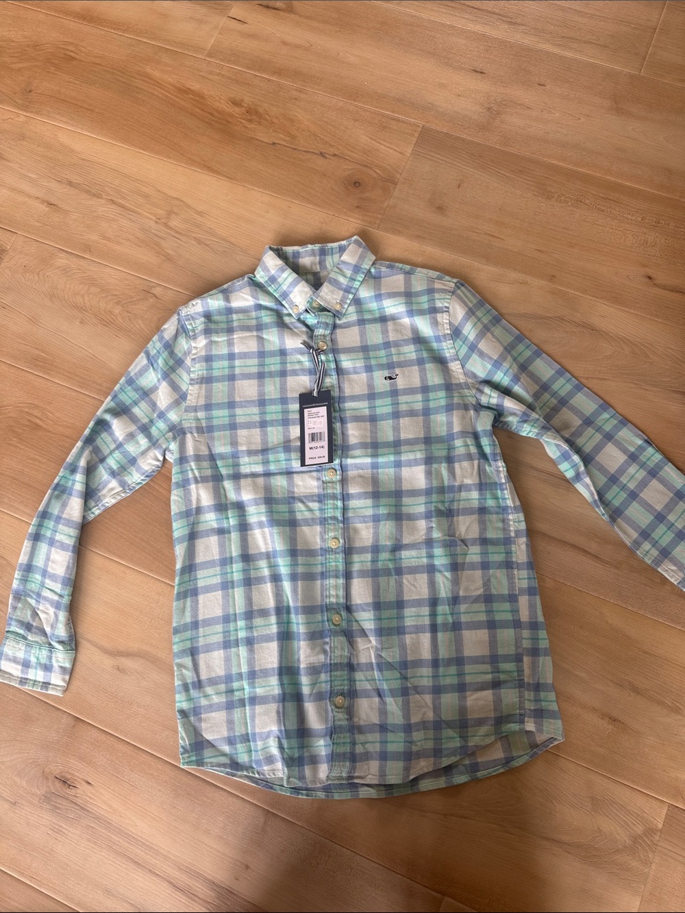 NWT - Vineyard Vines Boys Pastel Plaid Button-Down Shirt - Light Blue/Green.